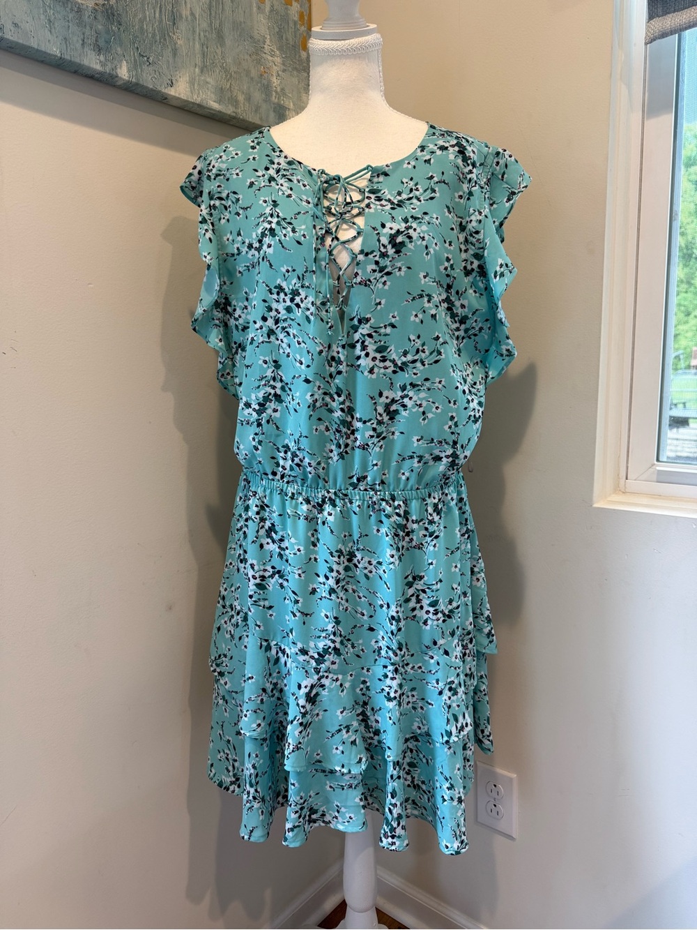 belle sky Aqua Floral Lace-Up Ruffle Midi Dress Size L